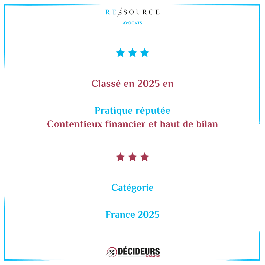Le département « contentieux financier » de RESSOURCE AVOCATS de nouveau classé par DECIDEURS en 2025
